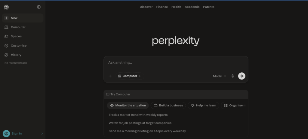 Perplexity AI search engine interface with cited sources