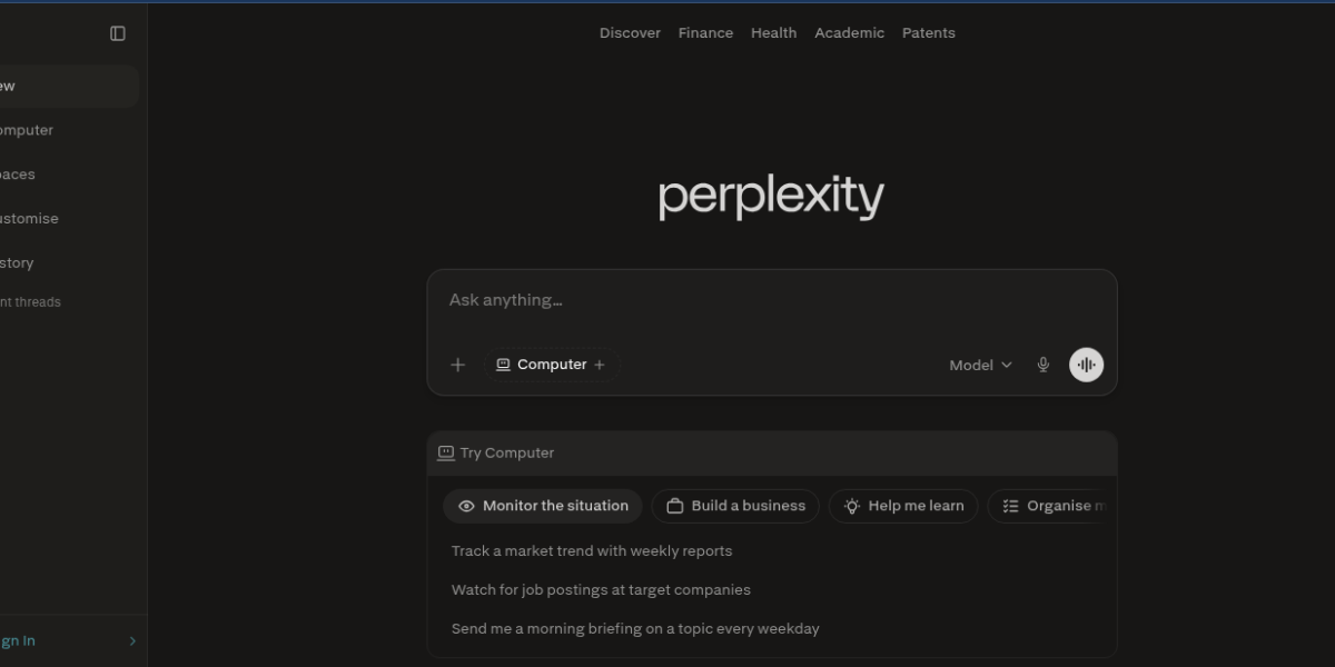 Perplexity AI search engine interface with cited sources