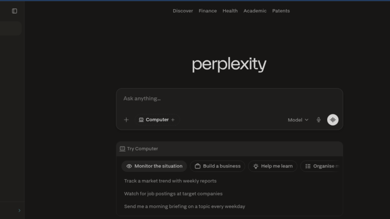 Perplexity AI search engine interface with cited sources