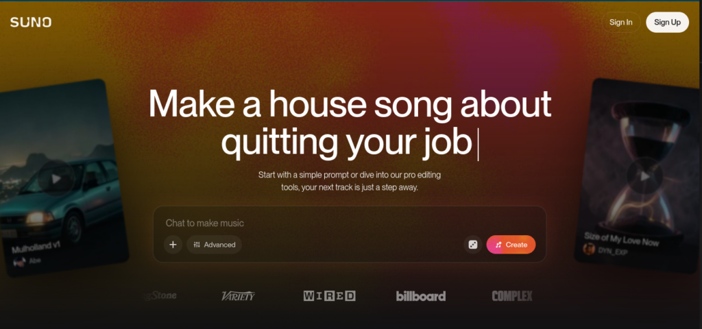 Suno AI music generator interface showing song creation from text prompts