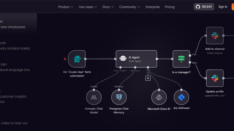n8n workflow automation tool interface showing node-based visual editor