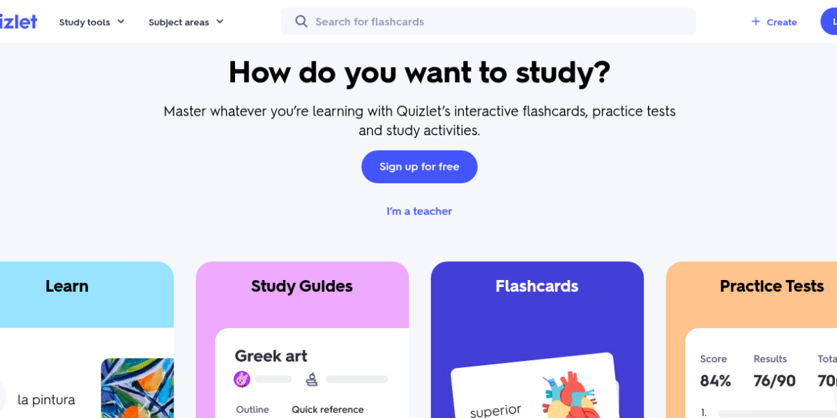 Quizlet AI study platform interface showing flashcards and Q-Chat AI tutor