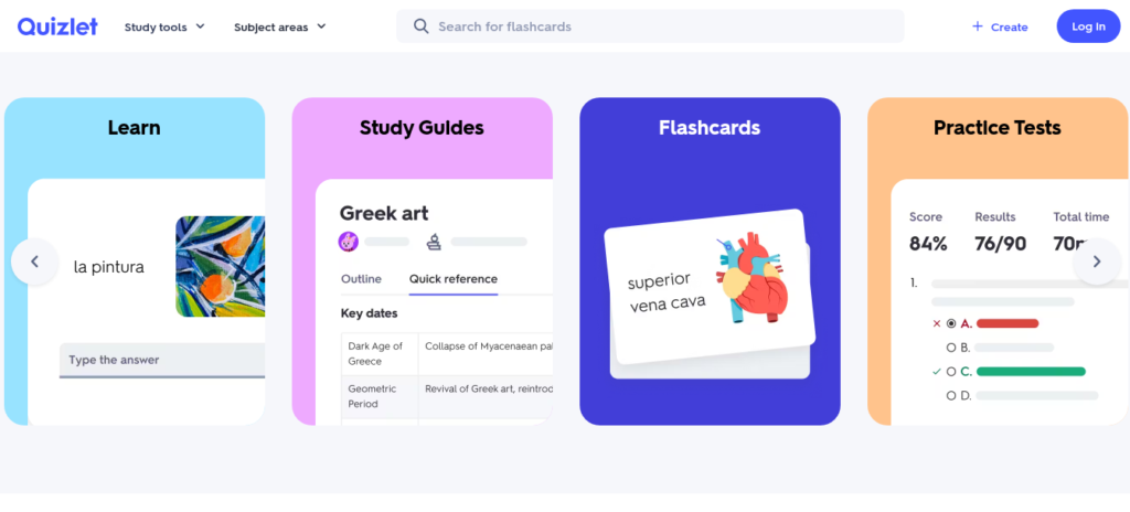 Quizlet AI study platform interface showing flashcards and Q-Chat AI tutor