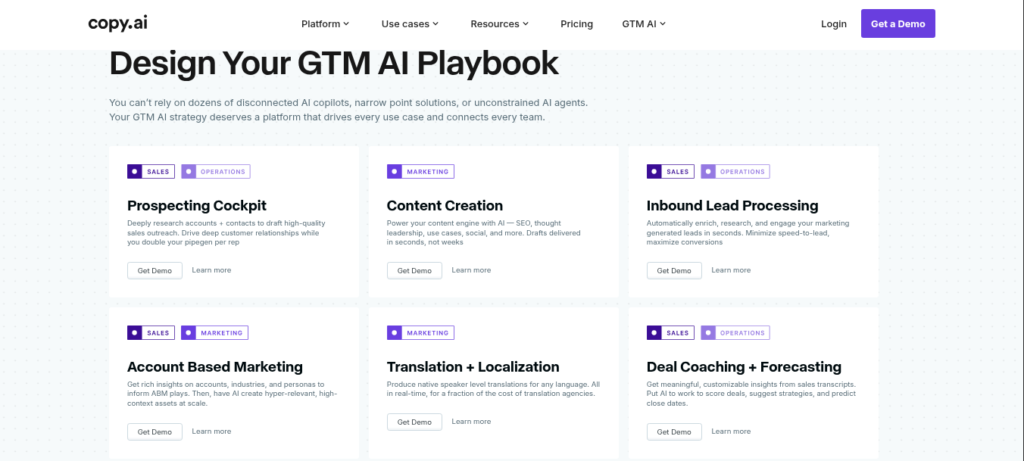 Copy AI writing tool interface showing marketing templates and workflow automation