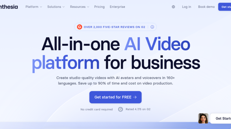 Synthesia AI video generator interface showing AI avatar and script editor