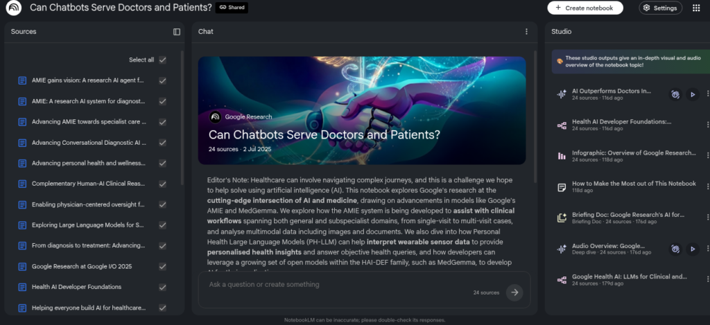 NotebookLM by Google AI research tool interface showing source-grounded answers and Audio Overview