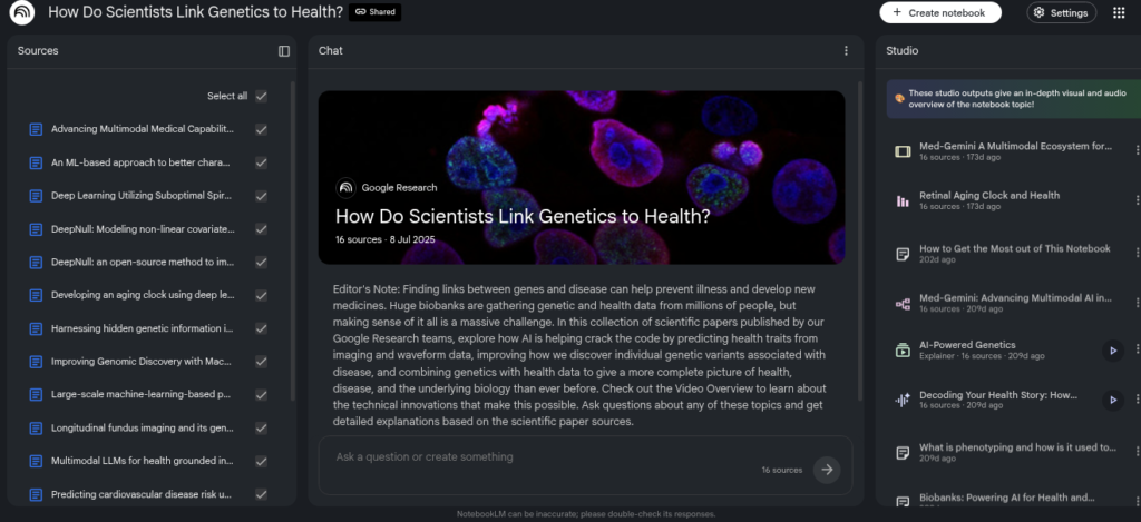 NotebookLM by Google AI research tool interface showing source-grounded answers and Audio Overview