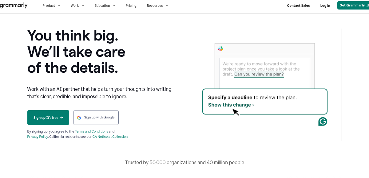 Grammarly AI writing assistant interface showing real-time grammar and tone suggestions