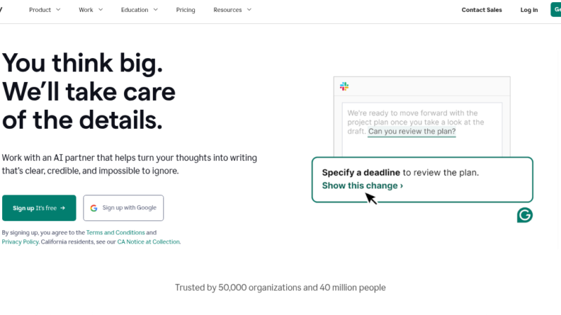 Grammarly AI writing assistant interface showing real-time grammar and tone suggestions