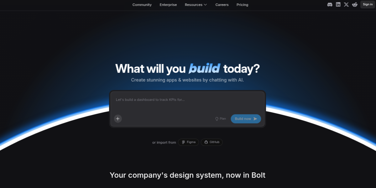 Bolt.new AI app builder interface showing full-stack app generation from text prompt in browser