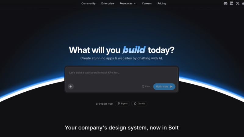 Bolt.new AI app builder interface showing full-stack app generation from text prompt in browser