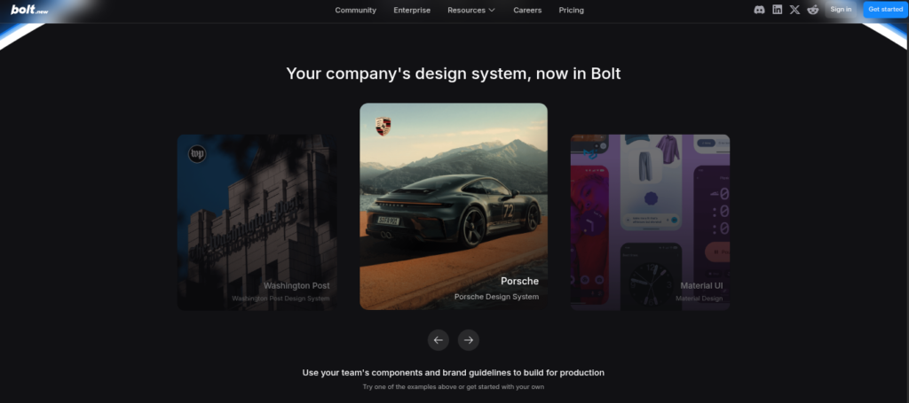 Bolt.new AI app builder interface showing full-stack app generation from text prompt in browser