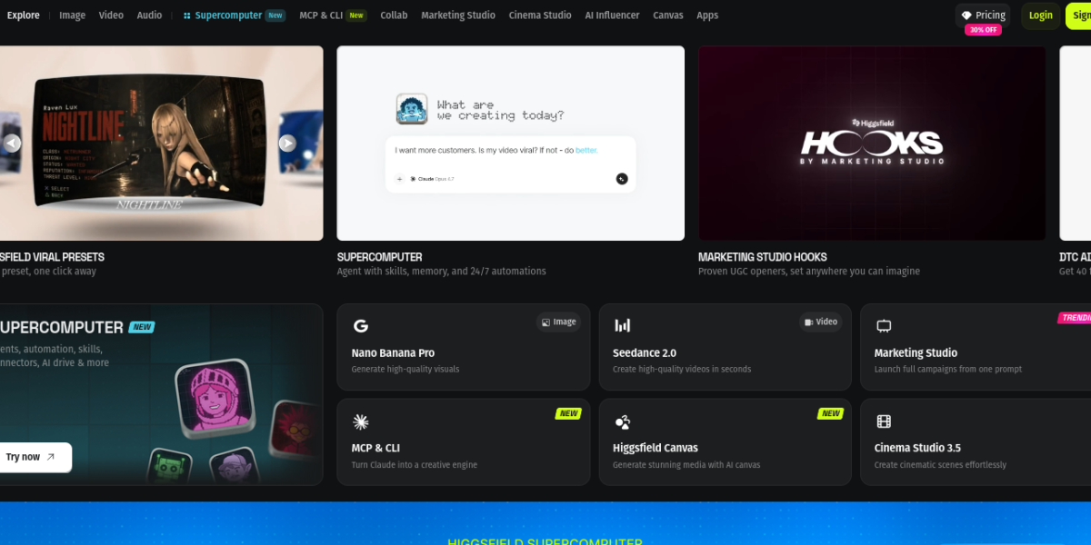 Higgsfield AI video studio interface showing multi-model video generation and cinematic camera presets