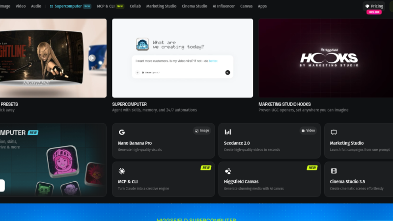Higgsfield AI video studio interface showing multi-model video generation and cinematic camera presets