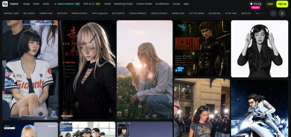 Higgsfield AI video studio interface showing multi-model video generation and cinematic camera presets