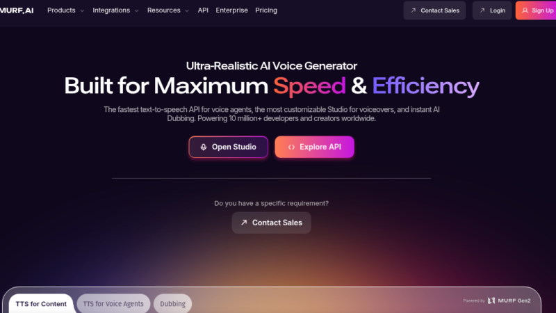 Murf AI voice generator studio interface showing text to speech generation and video timeline editor