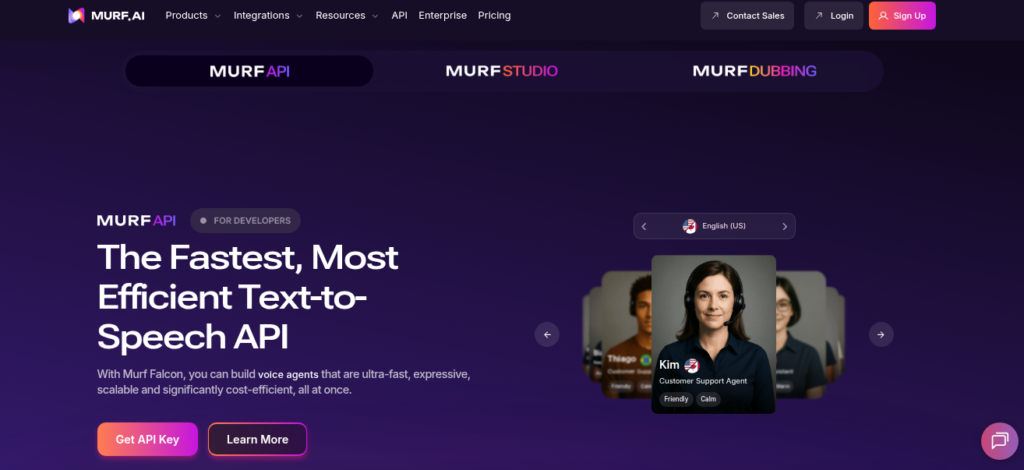 Murf AI voice generator studio interface showing text to speech generation and video timeline editor