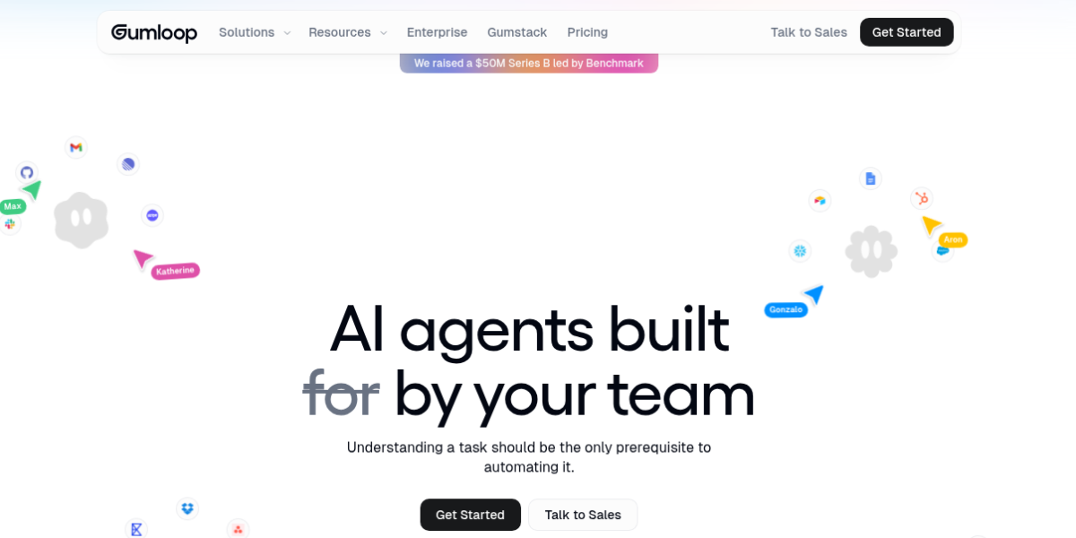 Gumloop AI automation platform showing visual workflow builder with connected nodes and AI agent steps