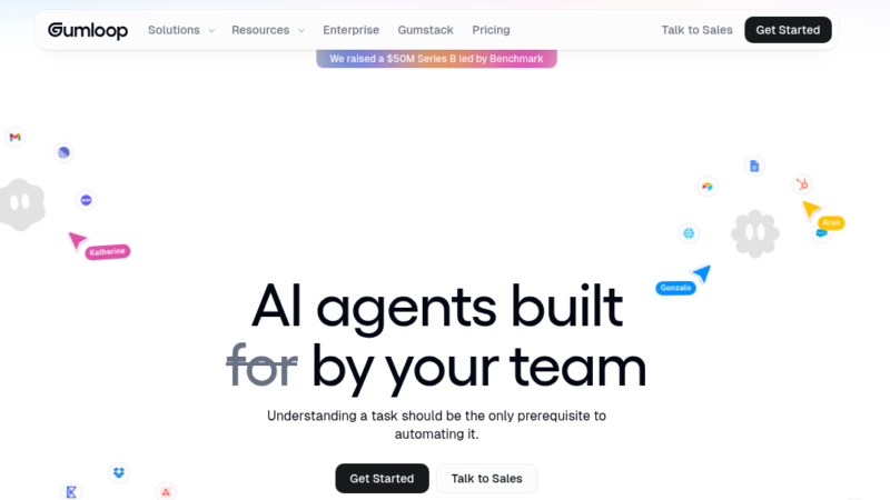 Gumloop AI automation platform showing visual workflow builder with connected nodes and AI agent steps