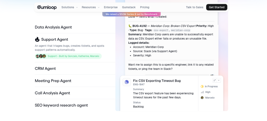 Gumloop AI automation platform showing visual workflow builder with connected nodes and AI agent steps