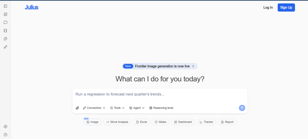 Julius AI data analysis tool showing chat interface with uploaded CSV file and auto-generated bar chart