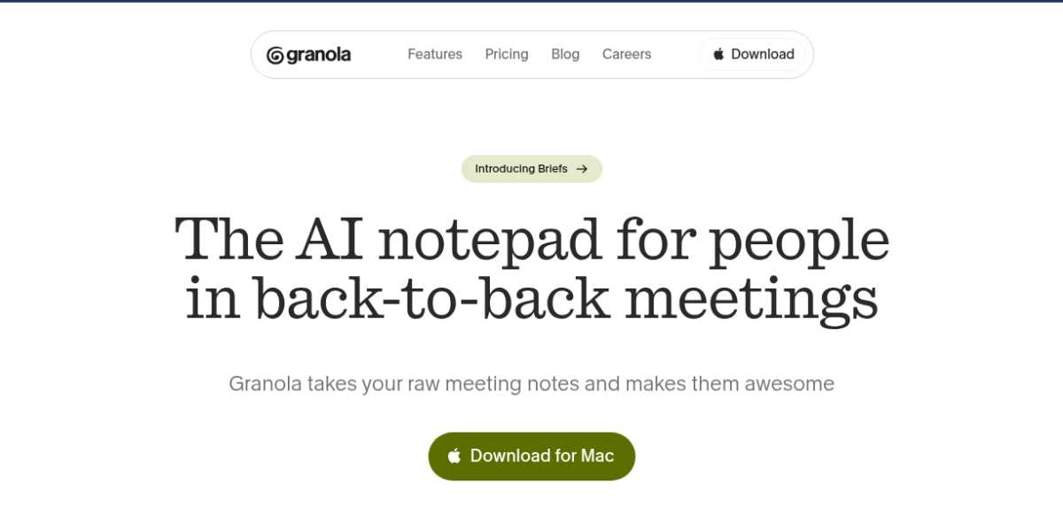 Granola AI meeting notes app showing structured notes with action items and key points from a client call