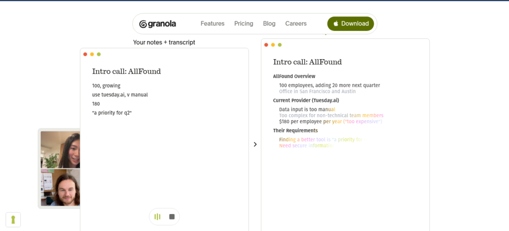 Granola AI meeting notes app showing structured notes with action items and key points from a client call