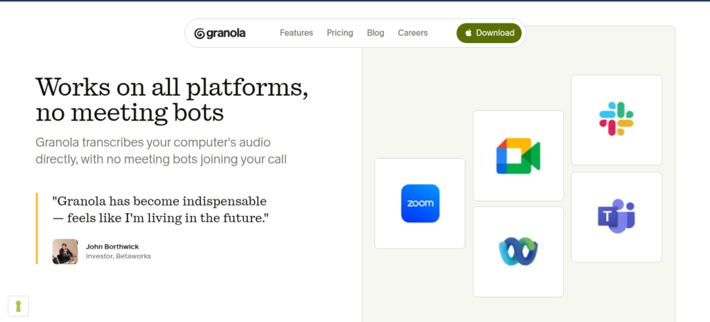 Granola AI meeting notes app showing structured notes with action items and key points from a client call