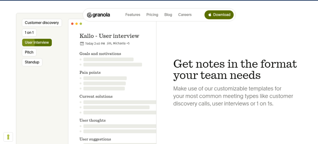 Granola AI meeting notes app showing structured notes with action items and key points from a client call