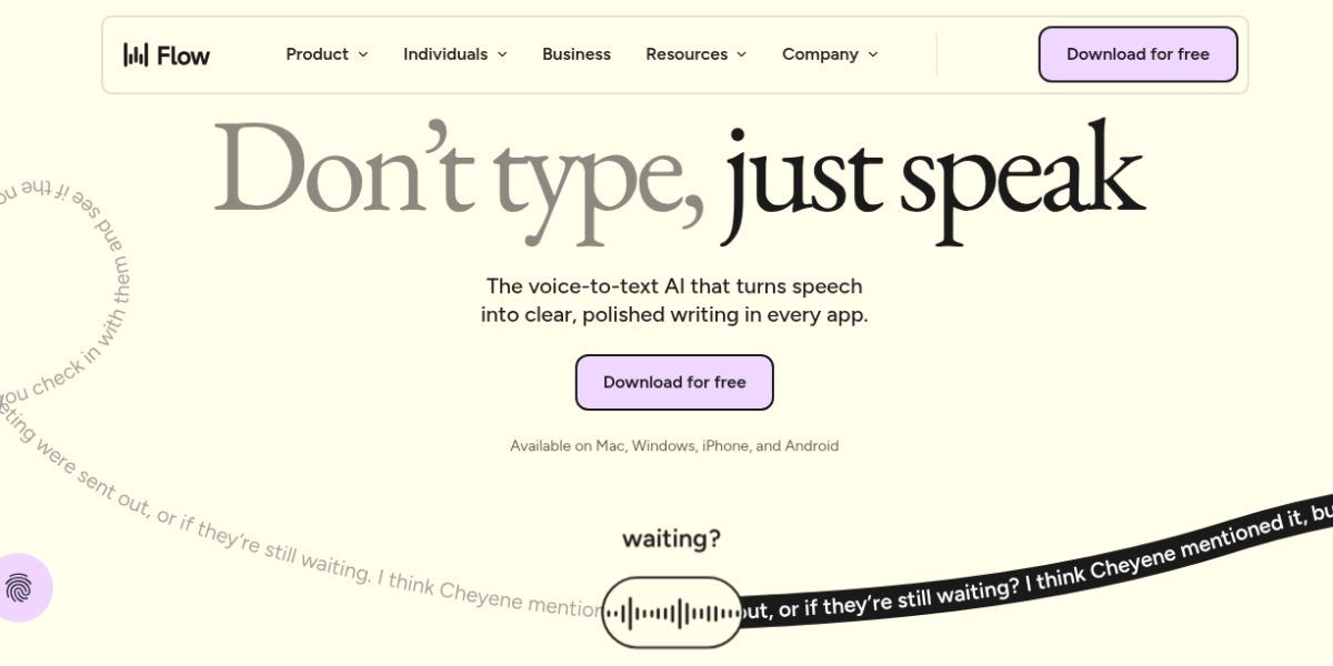 Wispr Flow AI dictation tool showing voice typing overlay in a text document with AI cleanup formatting