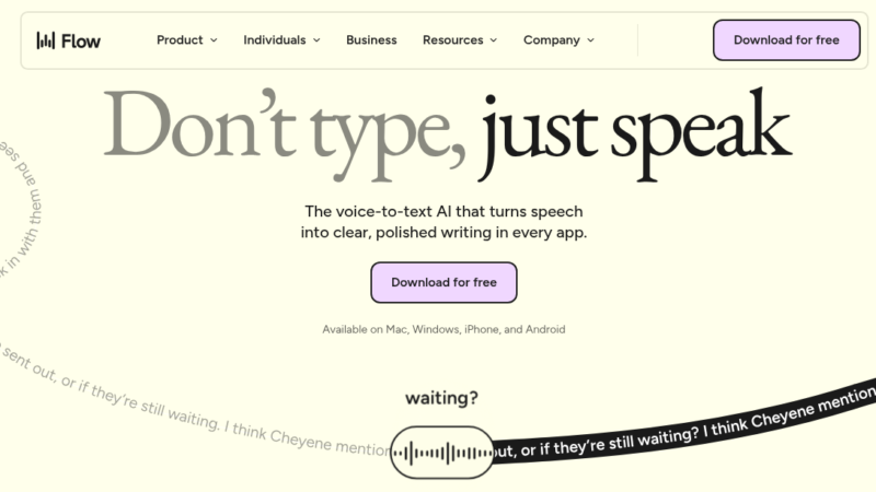 Wispr Flow AI dictation tool showing voice typing overlay in a text document with AI cleanup formatting