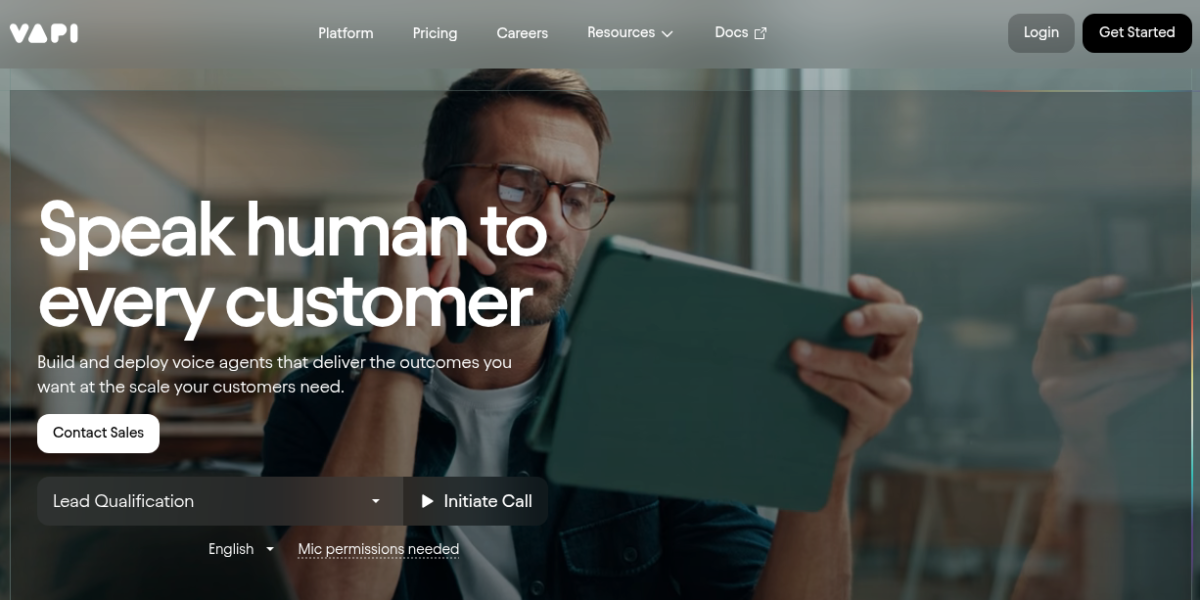 Vapi AI voice agent platform showing assistant builder with LLM, voice, and transcriber configuration options