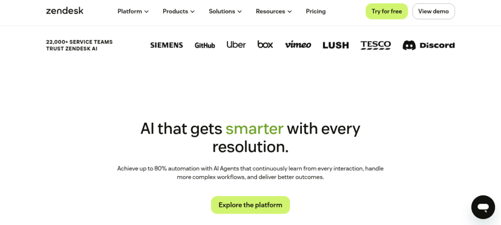 Zendesk AI customer support platform showing ticket queue with AI triage and Copilot reply suggestions