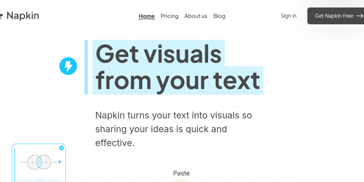 Napkin AI text-to-visual tool showing generated flowchart from pasted text with multiple visual style options