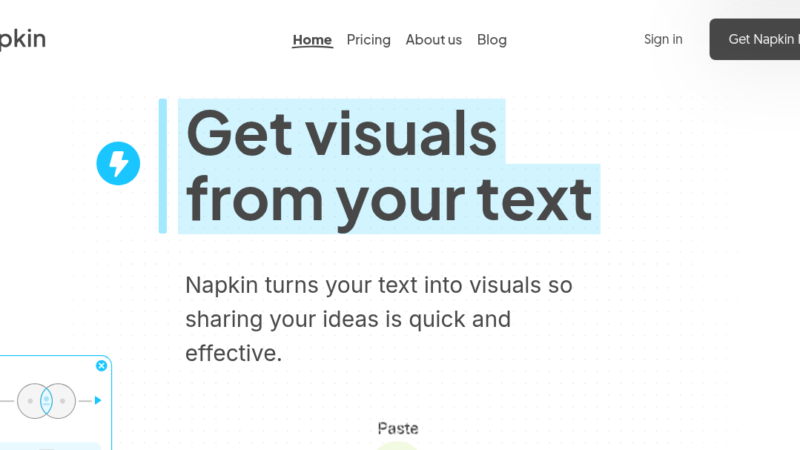 Napkin AI text-to-visual tool showing generated flowchart from pasted text with multiple visual style options