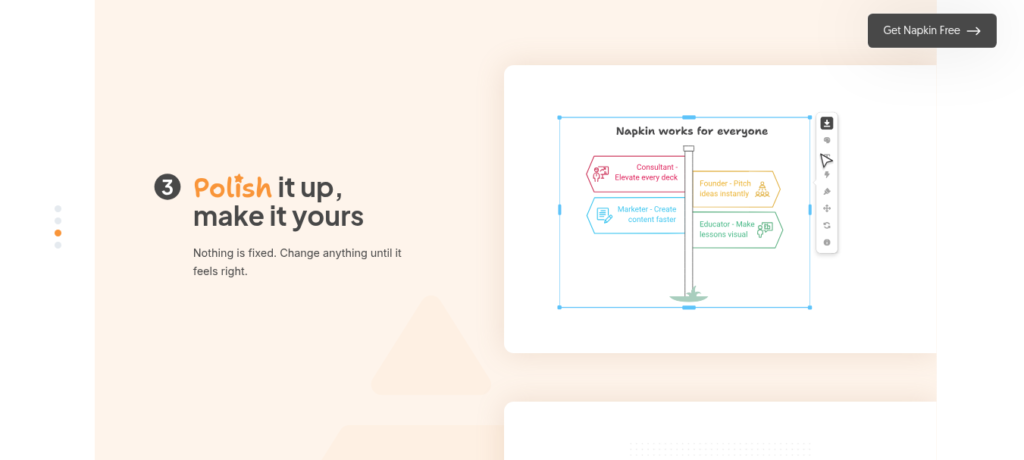 Napkin AI text-to-visual tool showing generated flowchart from pasted text with multiple visual style options