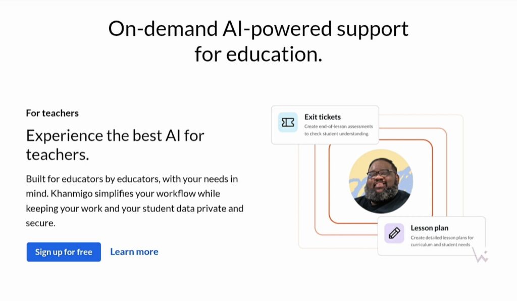 Khanmigo AI tutor showing Socratic math tutoring interface with step-by-step guidance and lesson planning tools for teachers