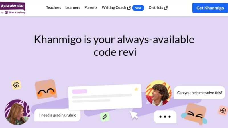 Khanmigo AI tutor showing Socratic math tutoring interface with step-by-step guidance and lesson planning tools for teachers
