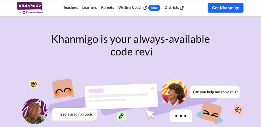 Khanmigo AI tutor showing Socratic math tutoring interface with step-by-step guidance and lesson planning tools for teachers