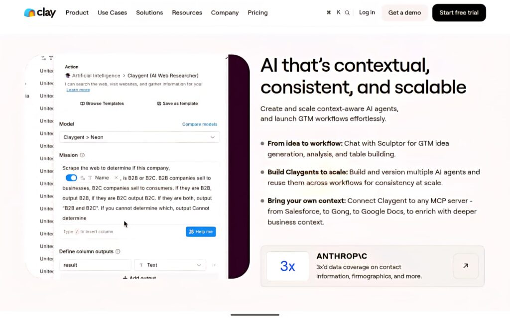 Clay AI sales automation platform showing visual canvas builder with lead enrichment data and multi-channel campaign workflow