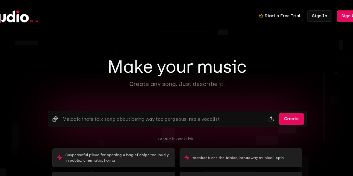Udio AI music generator showing prompt input and generated track with extend and remix editing options
