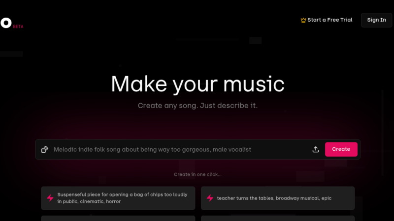 Udio AI music generator showing prompt input and generated track with extend and remix editing options