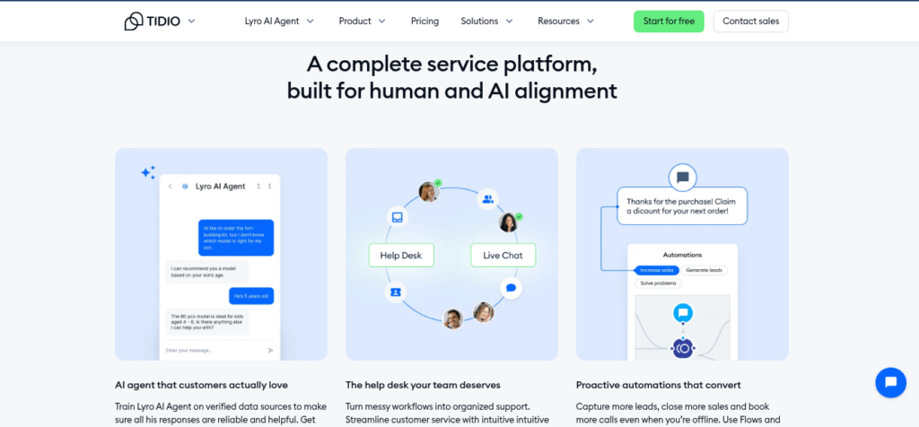 Tidio AI chatbot showing live chat widget on Shopify store with order history and Lyro AI automated replies