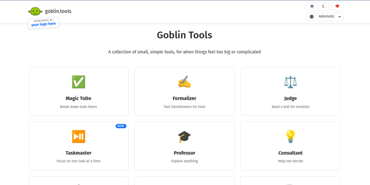 Goblin Tools AI productivity app showing Magic ToDo task breakdown with spiciness slider and step-by-step list