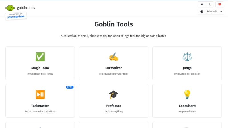 Goblin Tools AI productivity app showing Magic ToDo task breakdown with spiciness slider and step-by-step list