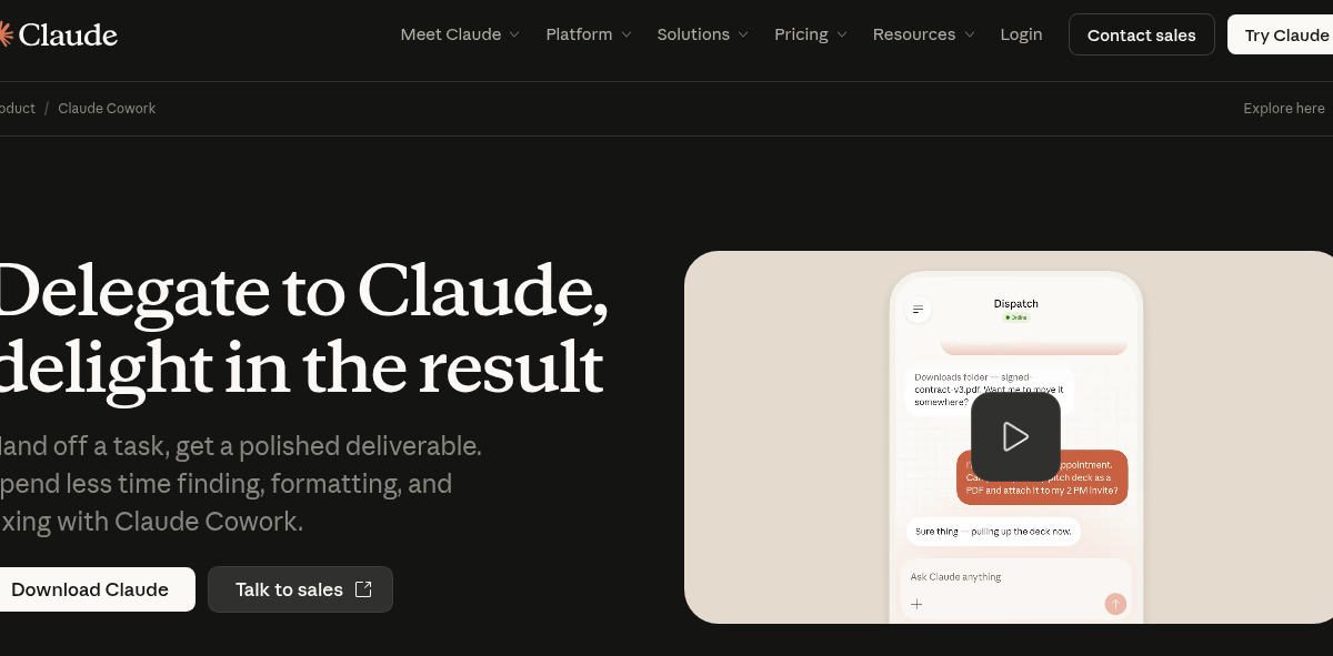Claude Cowork AI desktop assistant showing task execution interface with file organization and scheduled workflow options