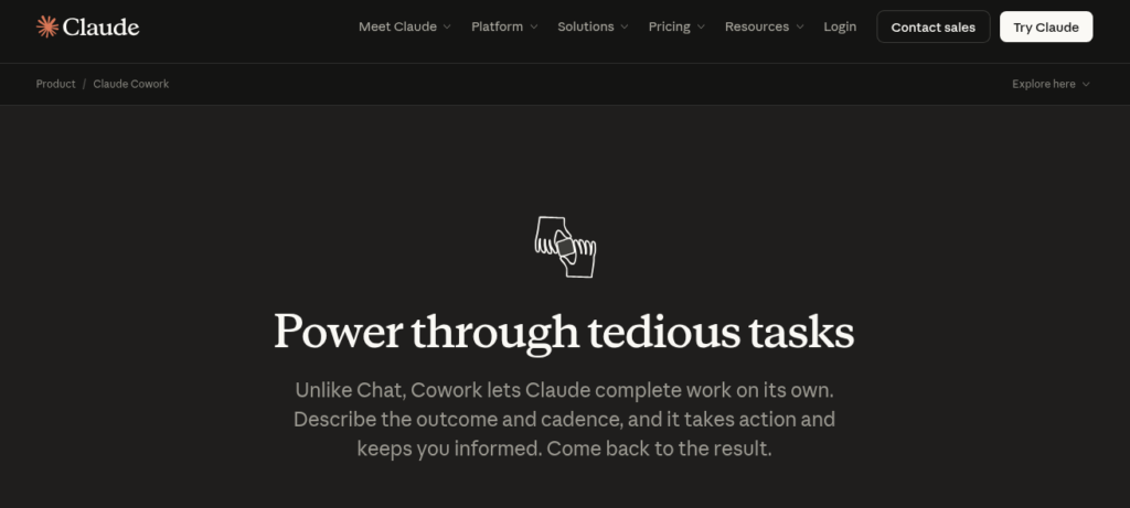 Claude Cowork AI desktop assistant showing task execution interface with file organization and scheduled workflow options