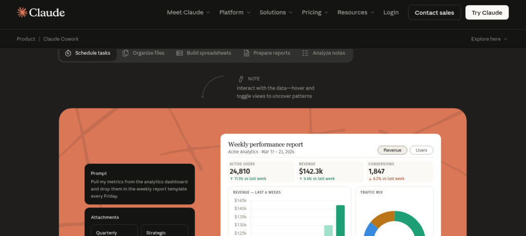 Claude Cowork AI desktop assistant showing task execution interface with file organization and scheduled workflow options