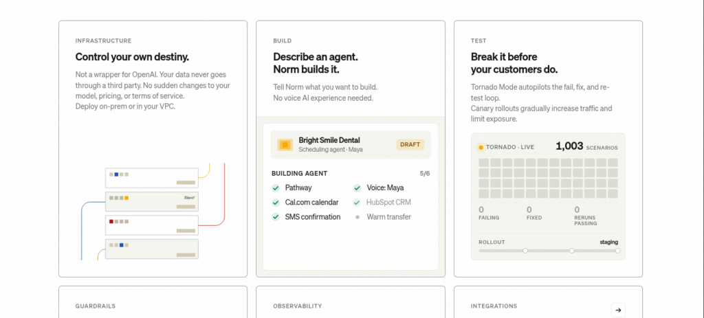 Bland AI voice agent platform showing conversational pathways builder with call flow nodes and telephony integration options