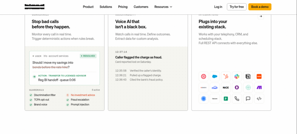 Bland AI voice agent platform showing conversational pathways builder with call flow nodes and telephony integration options